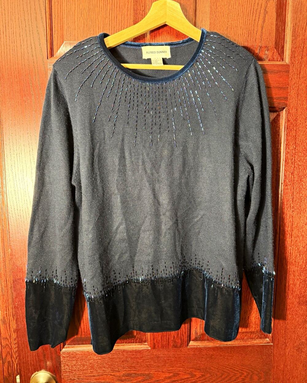 Alfred Dunner Sweater Sz L Blue Beaded Wool Blend Velvet Holiday NYE Vtg 90s